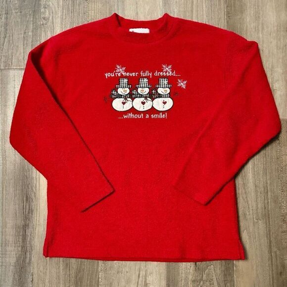Vintage Red Christmas Sweater with embroidered snowmen Novelty Holiday, Nostalgi - Picture 1 of 8